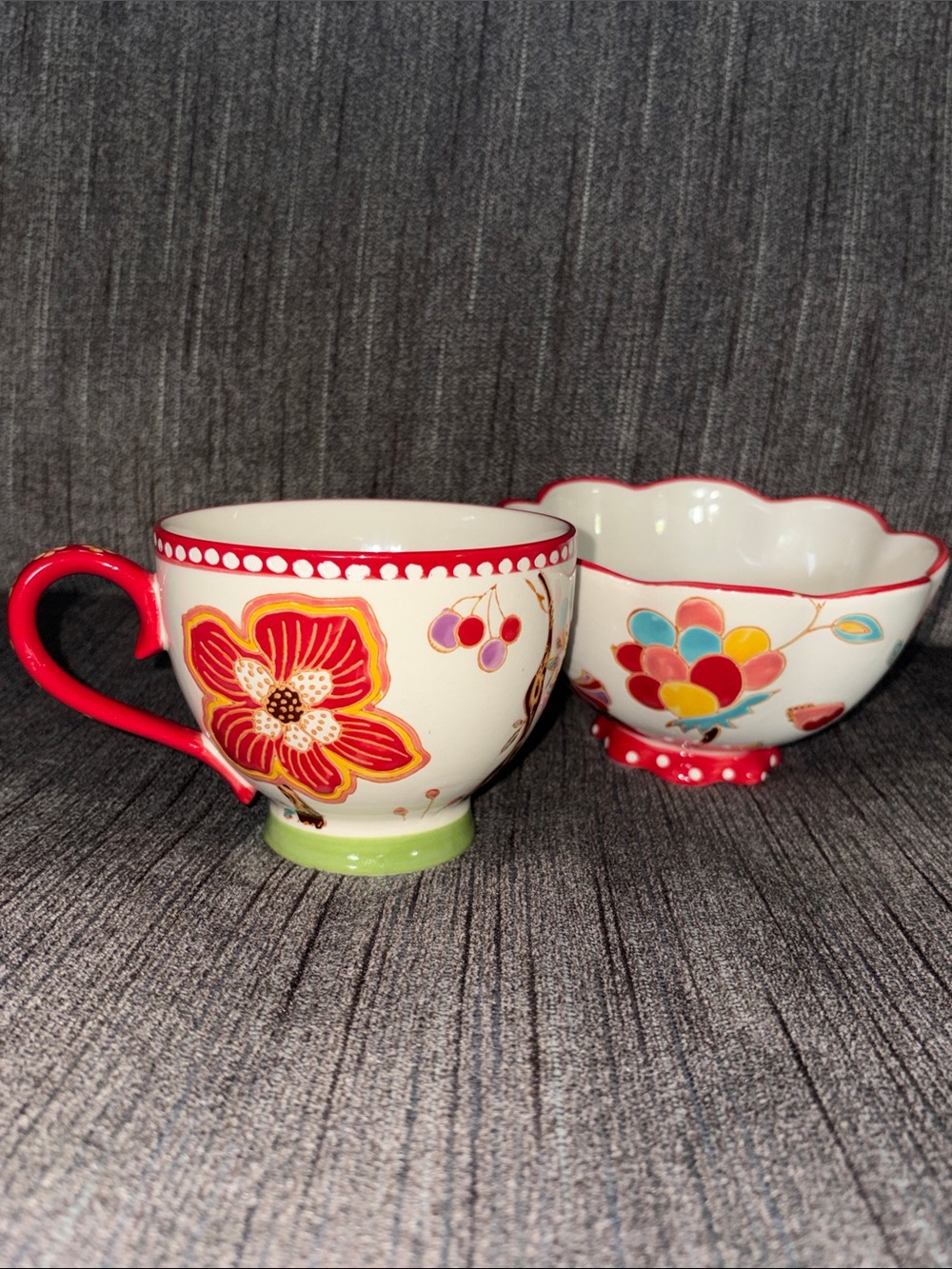 Floral Red and White Ceramic Cup and Bowl Set DUTCH WAX. Coastline Imports
